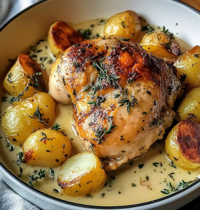 Kräutergebratenes Hähnchen in cremiger Weißweinsauce